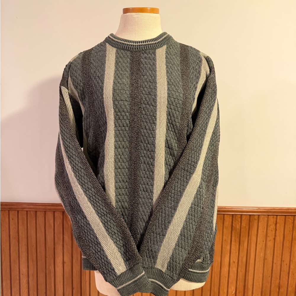 Jantzen Men's Charcoal and Cream Striped Crewneck Sweater